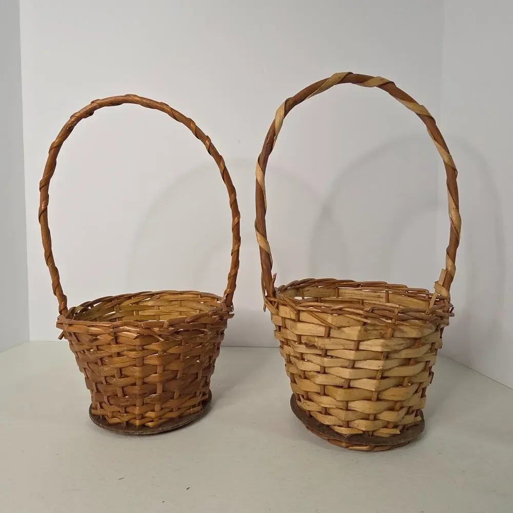 Pair of Vintage Rustic Wicker Baskets High Fixed Handles Country Decor